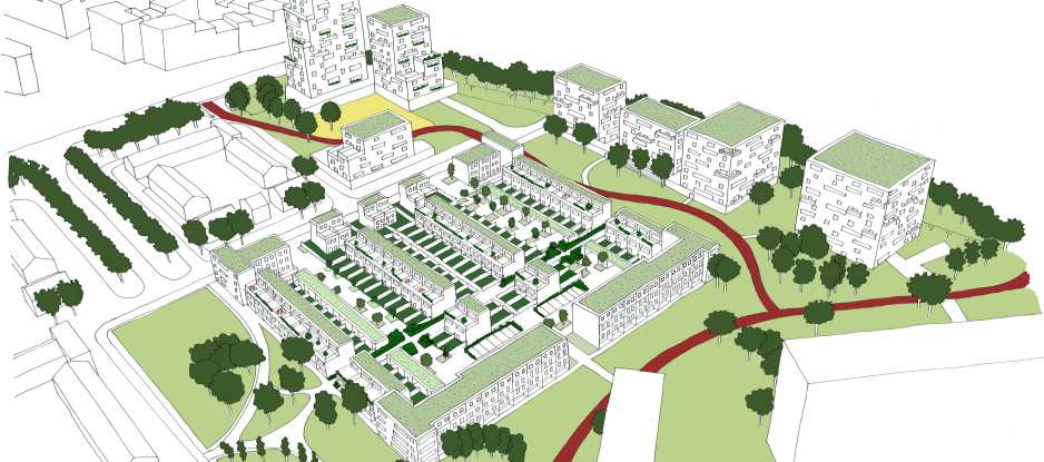 Plan voor de E-buurt met groen, huizen en hoogbouw