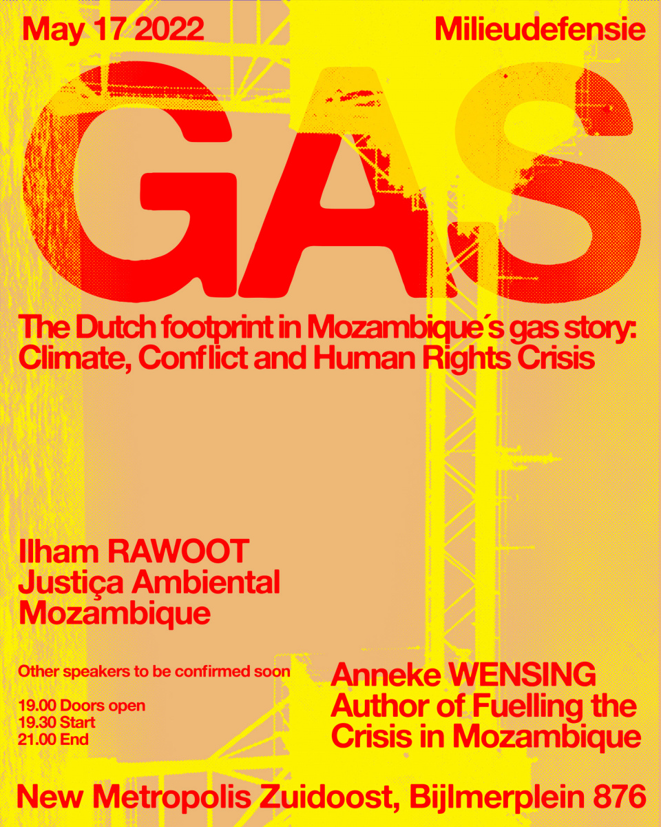 Yellow poster for the programme Gas: climate, conflict and human rights crisis